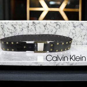 Calvin Klein 2” Wide Brown Leather Belt Brass Studs Heavy Brass Buckle